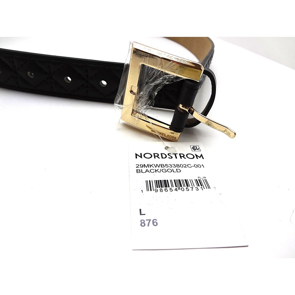 NWT Michael Kors Womens‎ Black Quilted Leather Belt Gold Buckle Large